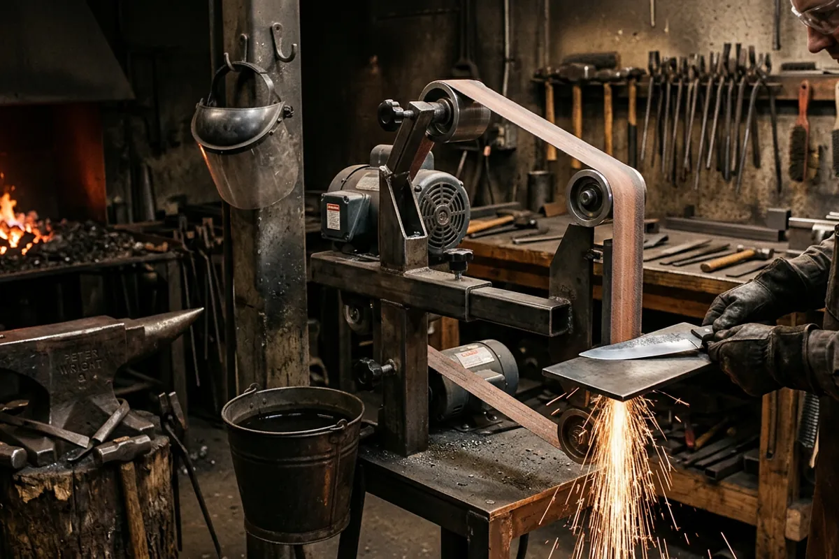 A full size 2x72 knife making grinder with a tooling arm being used to grind a blade with a water dip close at hand.