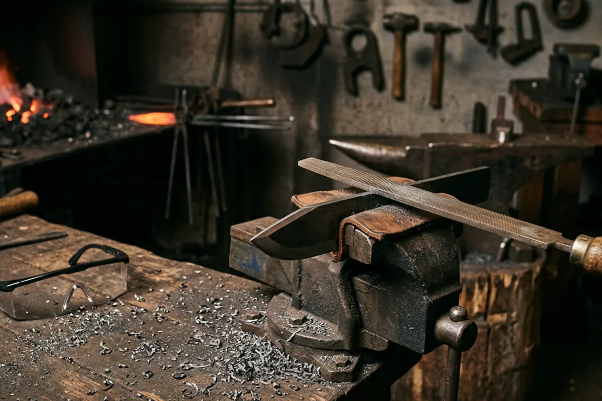Filing a bevel on a blade blank from a knife making kit held in a bench vise