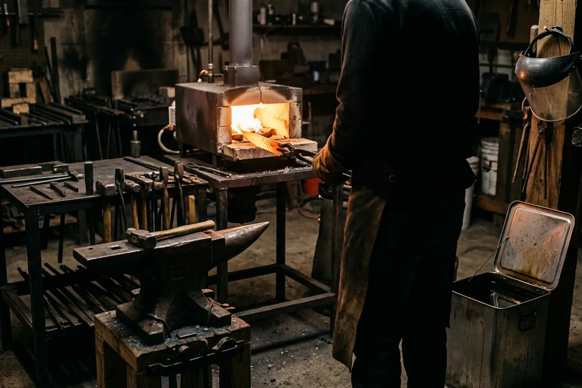 Heat treating a blade from a knife making kit with tongs and a covered quench tank in a home smithy