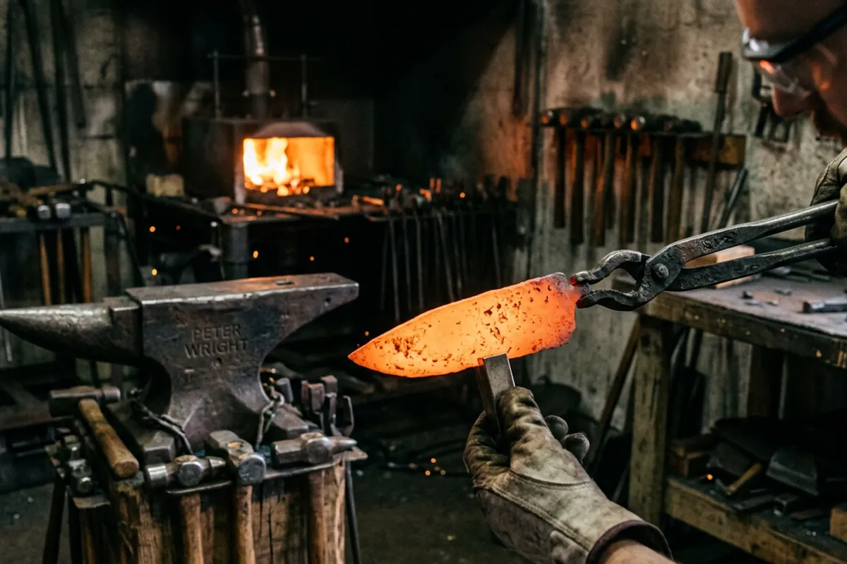 Checking a knife blade heated in a propane forge against a magnet to judge hardening heat