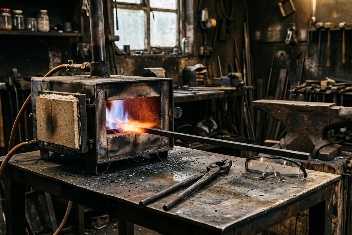A budget single-burner knife making propane forge with a brick door and a steel bar heating through the chamber