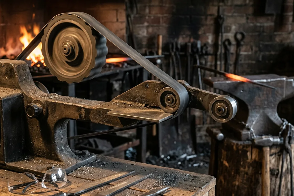 Close view of a 2x72 knifemakers grinder showing the belt, contact wheel, and flat platen tooling.
