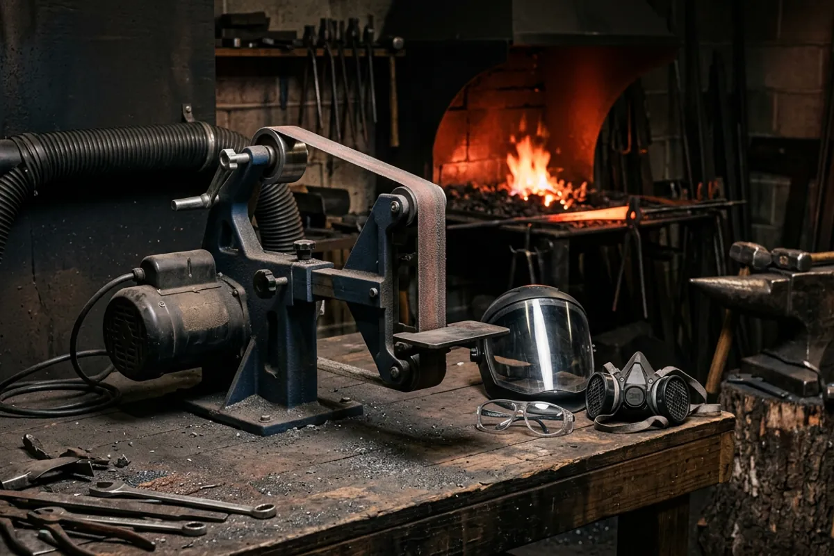 Eye protection and a respirator staged beside a knifemakers grinder to show safe grinding practice.