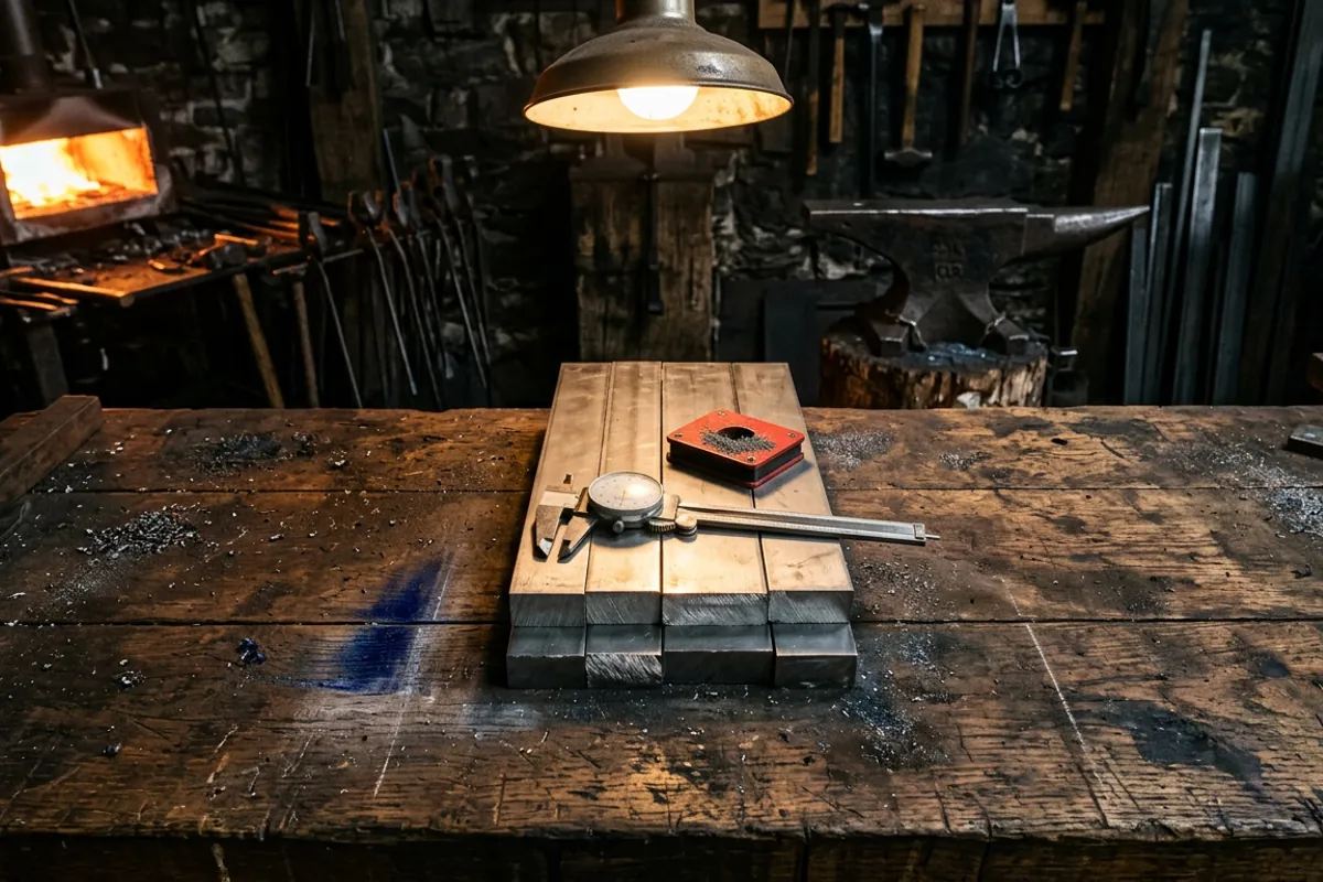 Flat bar stock of MagnaCut steel stacked on a workbench with a caliper and magnet under a warm shop lamp.