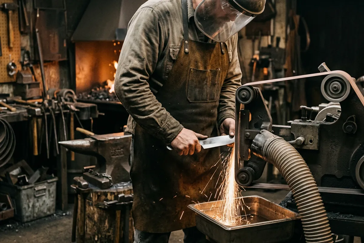 A smith grinding a MagnaCut steel blade blank on a belt grinder with eye protection, a water tray and dust collection.
