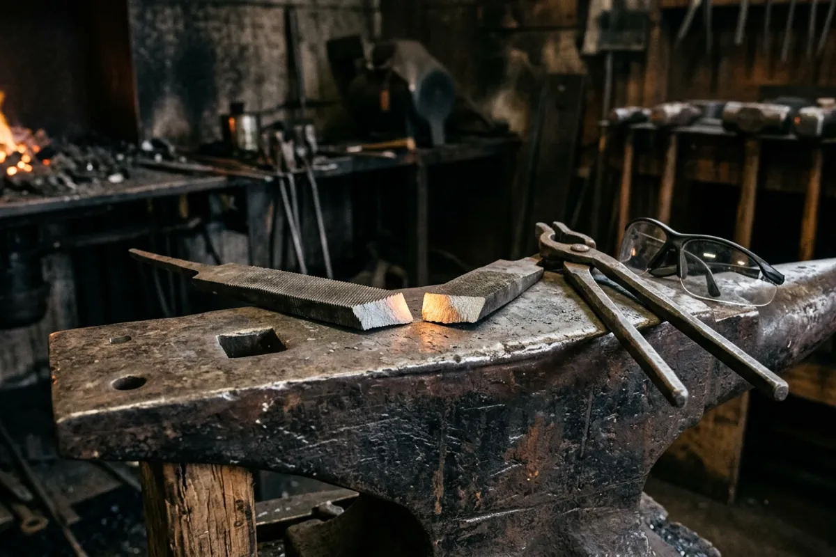 A snapped test coupon of file steel on the anvil face, the check I run before I make a knife from a file