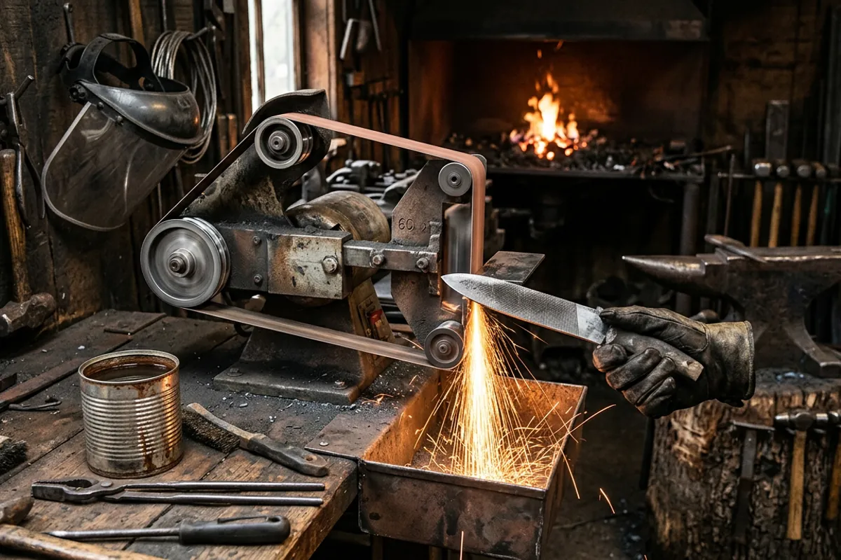 Grinding a bevel on a blade blank at the belt grinder, the shaping stage when you make a knife from a file
