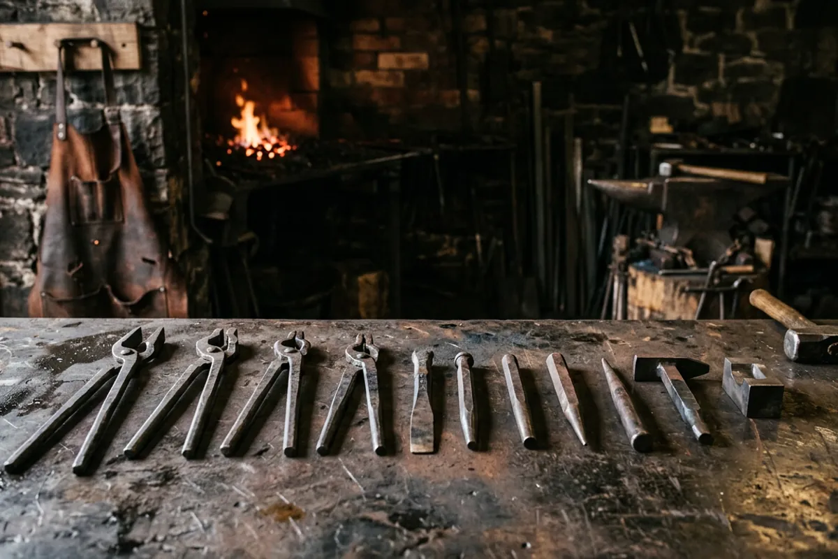 Hand forged tongs and punches on a bench, the kind of shop made tooling that marks a master blacksmith