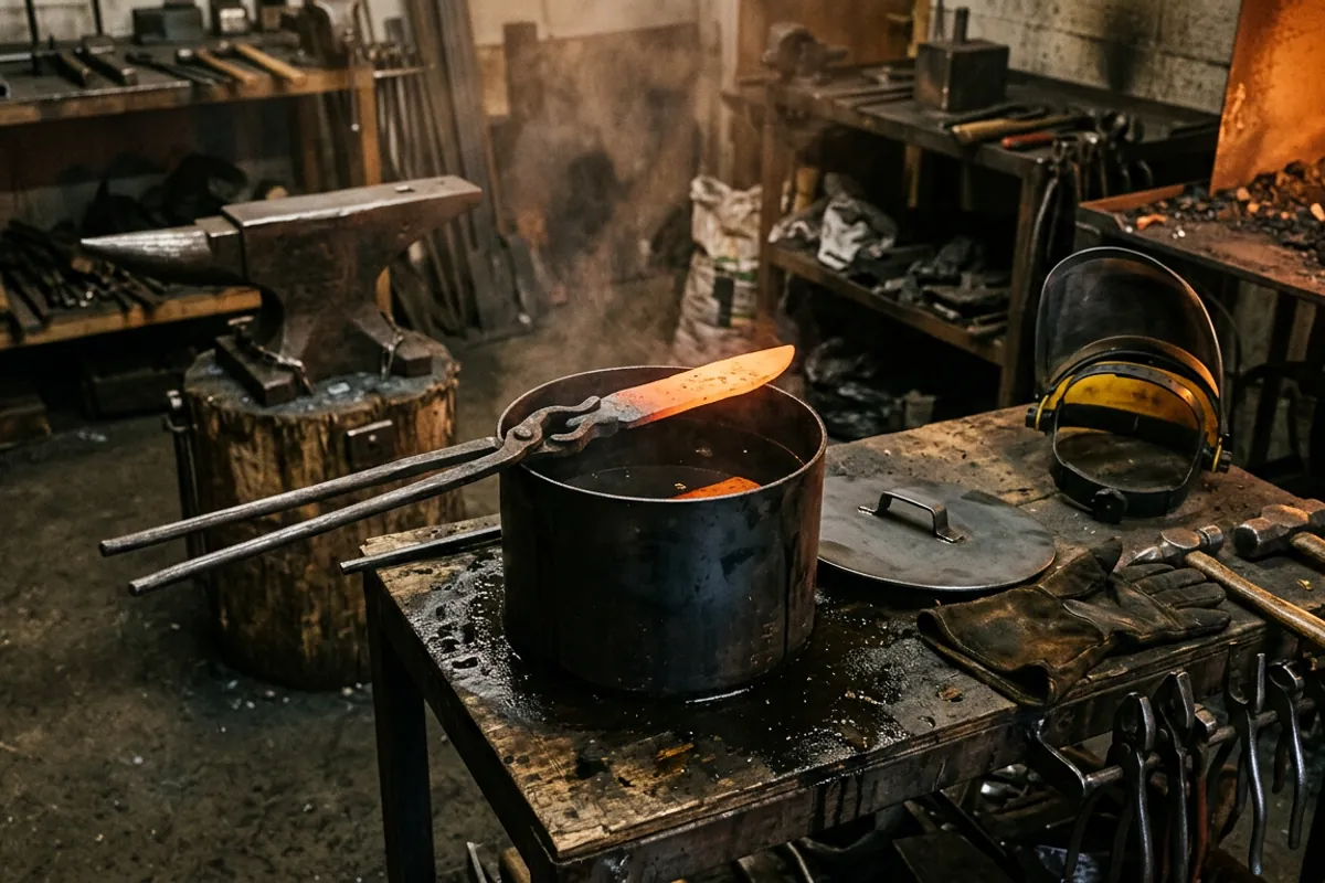 A blade above a quench tank with a face shield and lid within reach, the heat treat safety habits a master blacksmith keeps