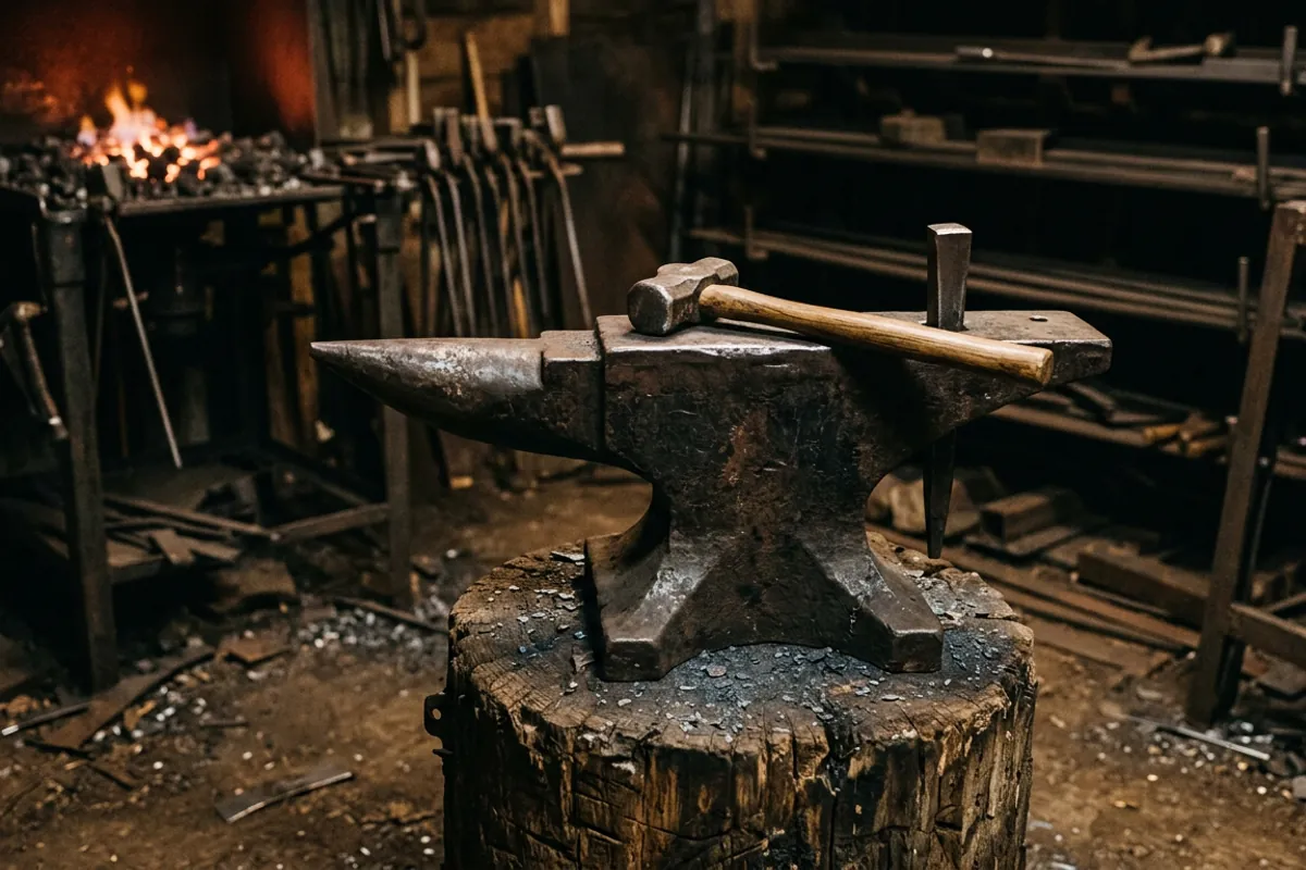 An anvil on a timber stump showing the horn, face, hardy hole and pritchel hole that a medieval blacksmith would not have recognized