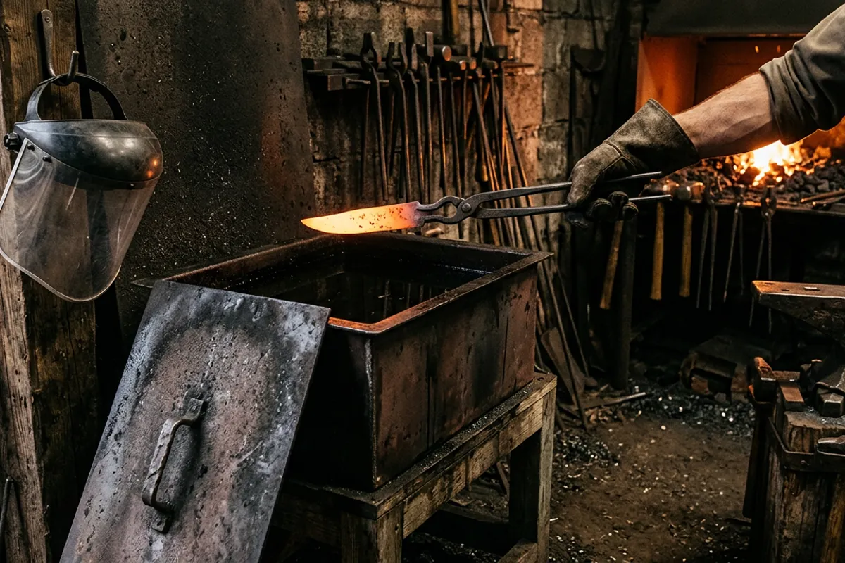 Quenching a hot blade with tongs and a face shield ready, the safety step a medieval blacksmith never had