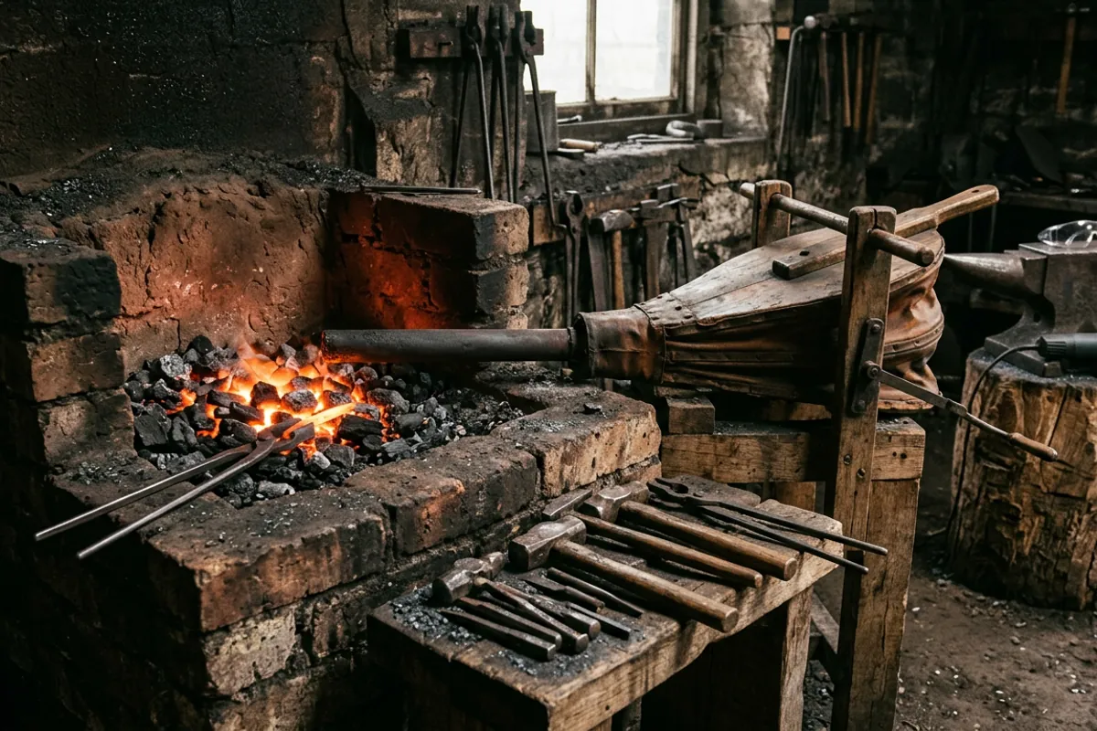 A side-blast charcoal hearth of the kind medieval forges used, glowing in a dark shop