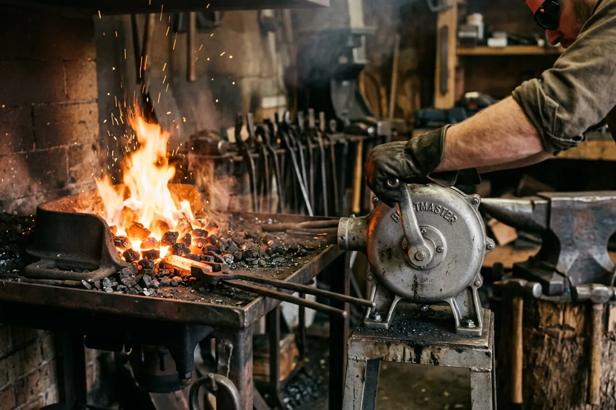 A hand crank blower feeding air to a medieval forges style coal firepot with eye protection worn