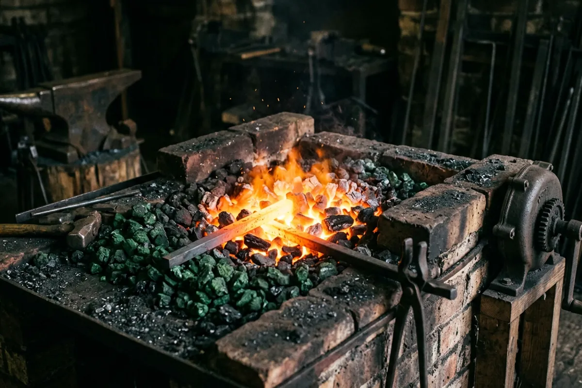 A banked coal fire with coked fuel pulled to the center, the same fire management a medieval smith depended on