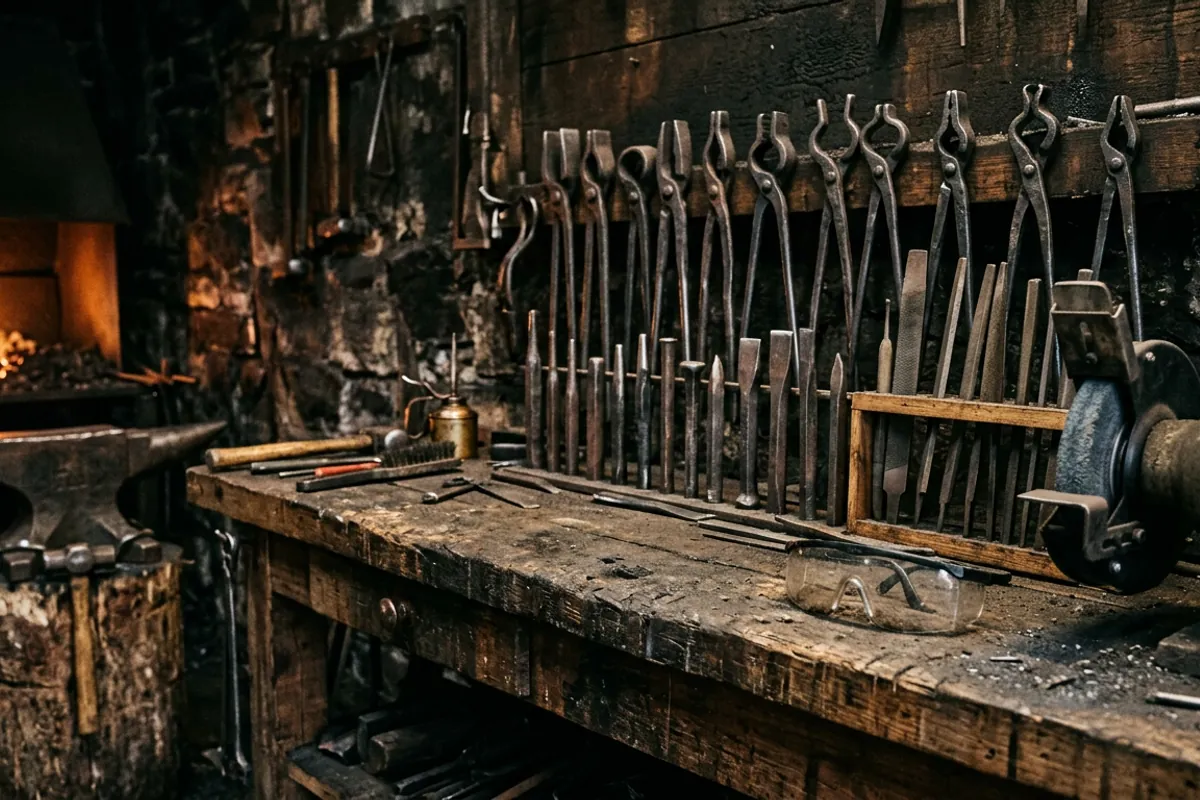 Hand forged tongs punches and chisels on a shop bench, the same core kit a medieval smith would have made himself