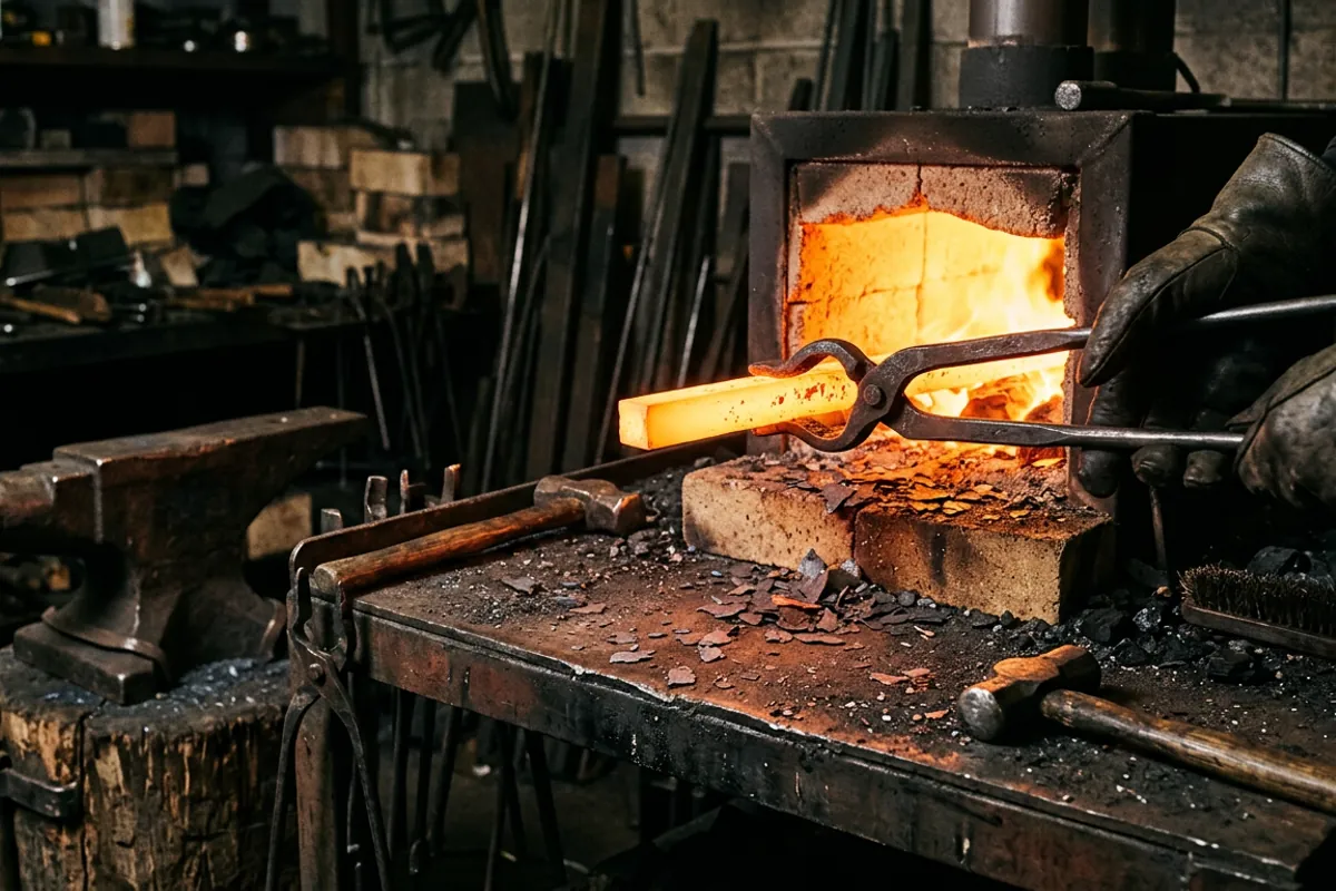 Tongs pulling a bright orange bar of steel out of a metal forge chamber lined with firebrick