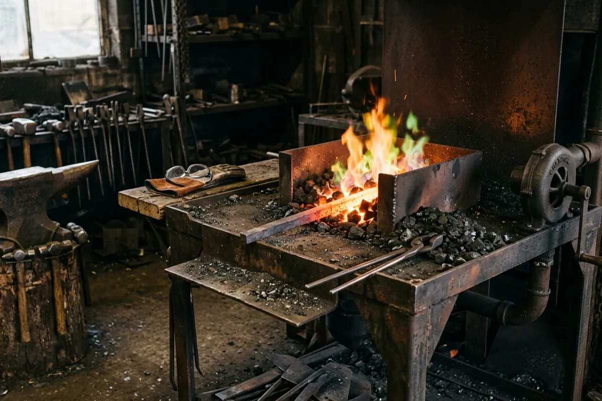 A welded firepot coal metal forge with a banked fire and a hand crank blower in a home shop