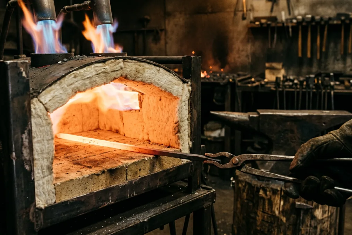A two burner propane metal forge kit chamber heating a steel rod at an even orange heat.