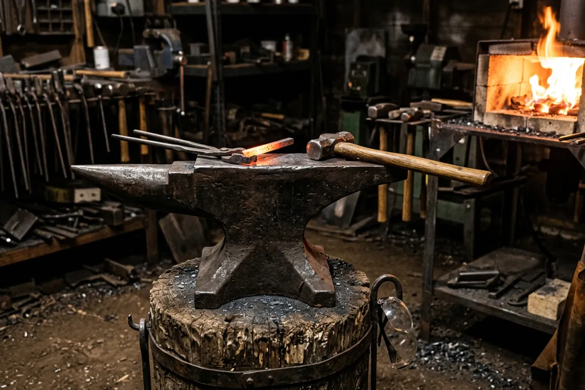 An anvil and hammer set up next to a propane metal forge kit in a home shop.