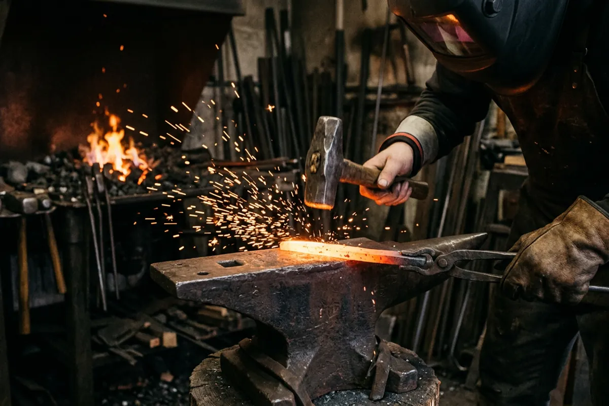 Tongs holding hot steel on the face of a metalworking anvil as a hammer strikes.