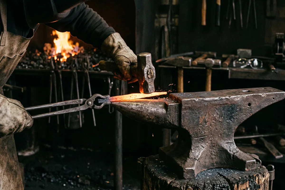 Hot steel drawn out over the horn of a heavy metalworking anvil in a home shop.