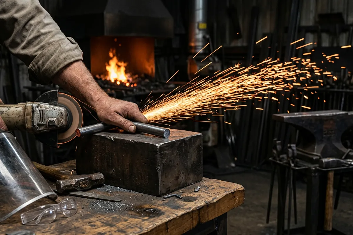 A handheld grinder throwing a long spark stream off a bar during a spark test on junkyard steel