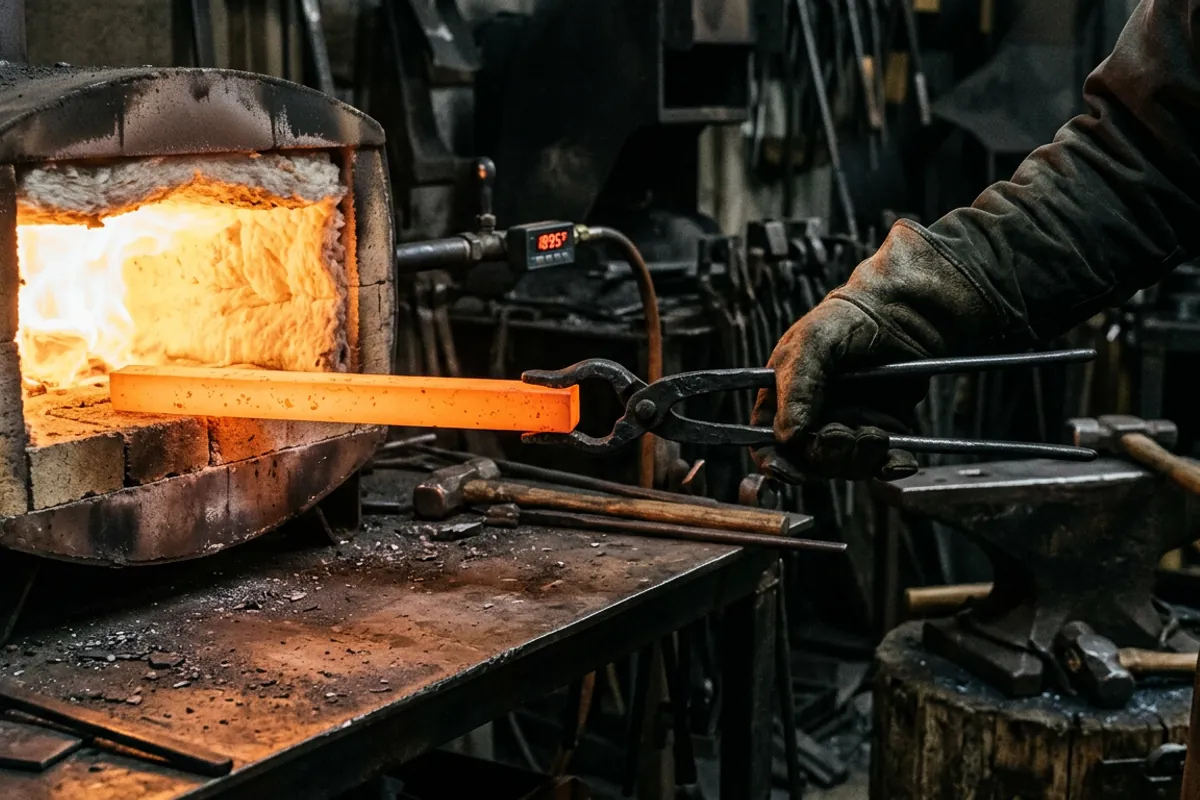 Tongs holding a bar at an even soaking heat in a propane forge, the steady hold that normalizing steel needs.