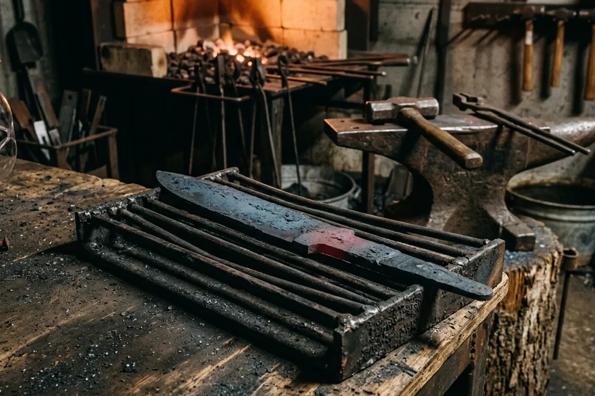 A blade blank cooled to grey with scale on a rack after normalizing steel in still air beside the anvil.