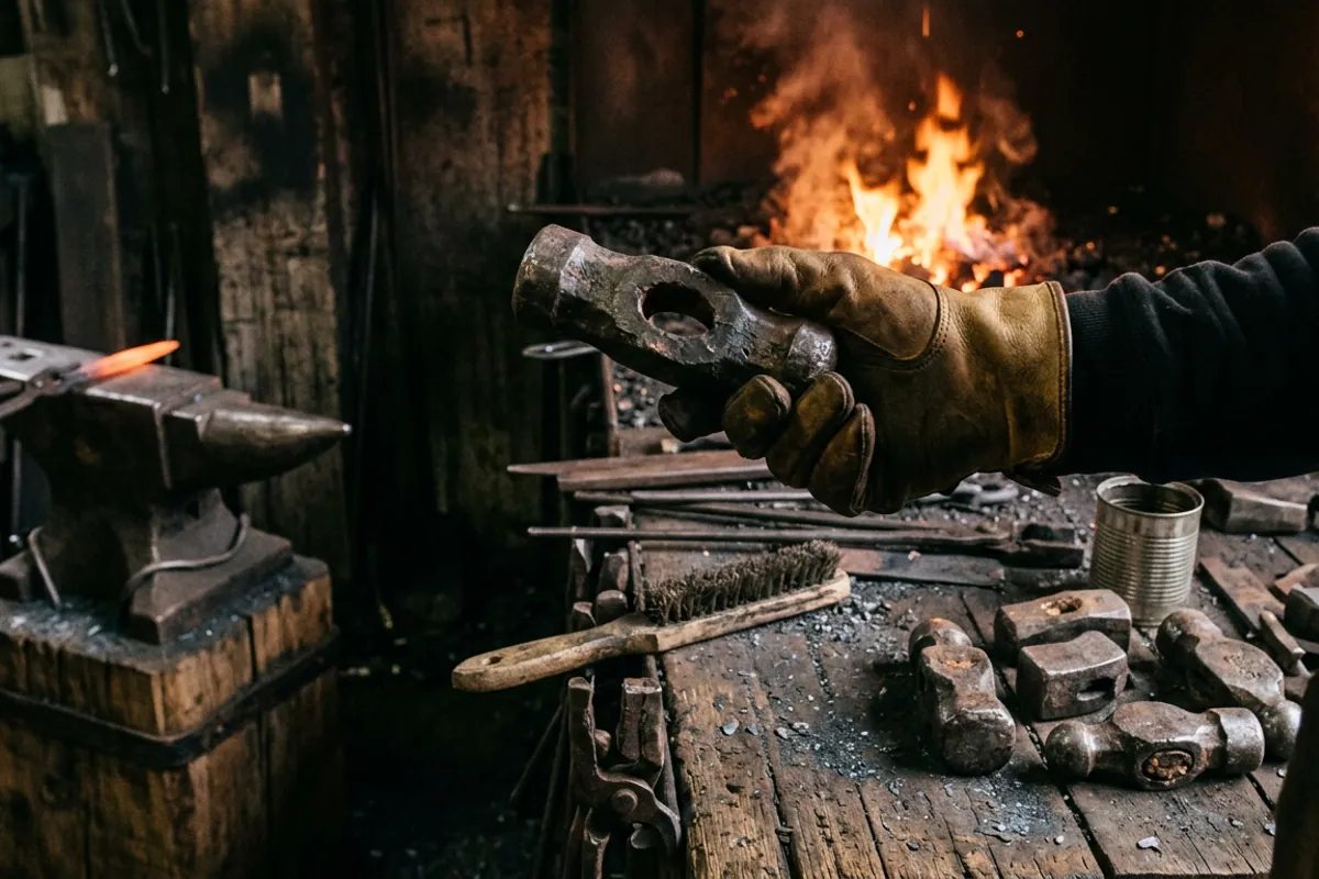 Inspecting the eye of an old blacksmith hammer head for cracks under forge light