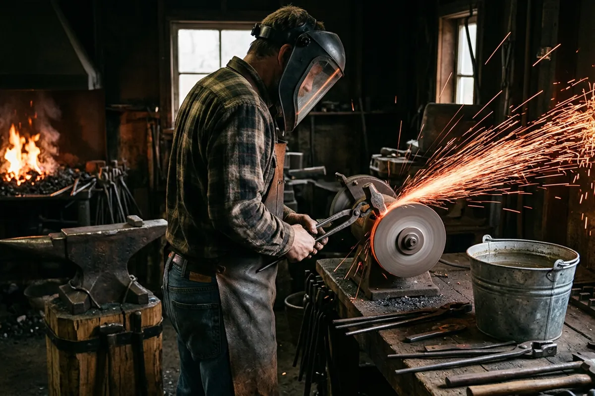 Dressing the mushroomed face of an old blacksmith hammer on a bench grinder with a face shield and flying sparks
