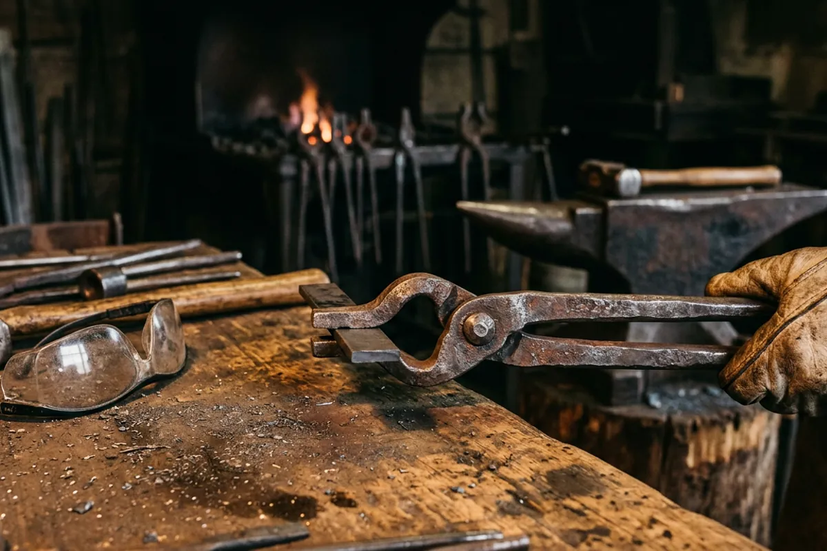 Hands checking that the jaws of a pair of old blacksmith tongs close square on flat bar stock