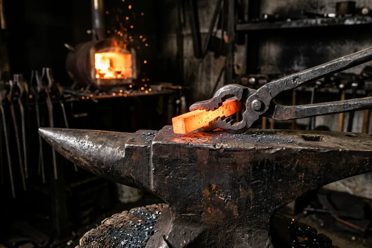 A wolf jaw tong, the versatile choice next to old blacksmith tongs, gripping a glowing bar on the anvil