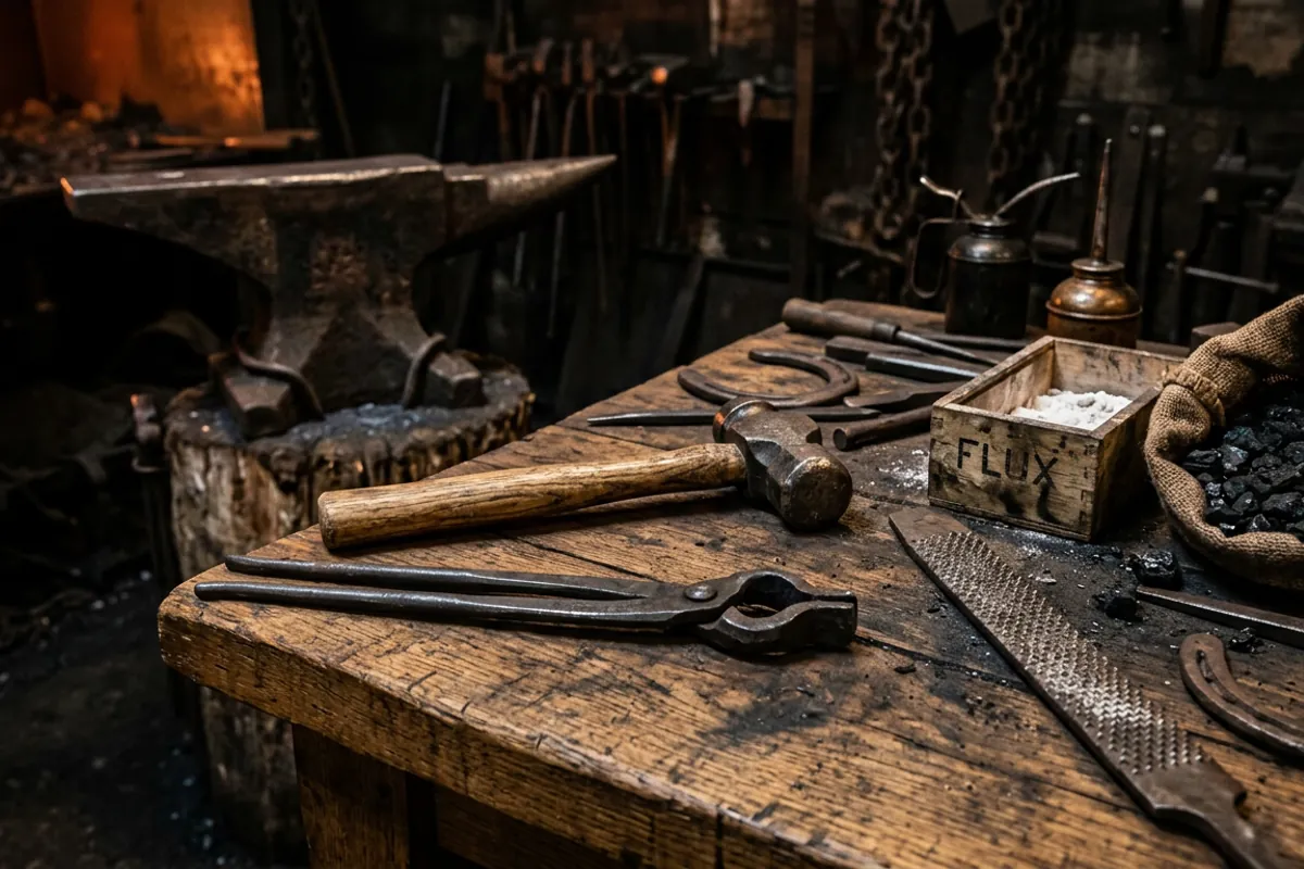 The tools that overlap between a farrier and blacksmith supply, a rounding hammer, tongs and coal on a shop bench.