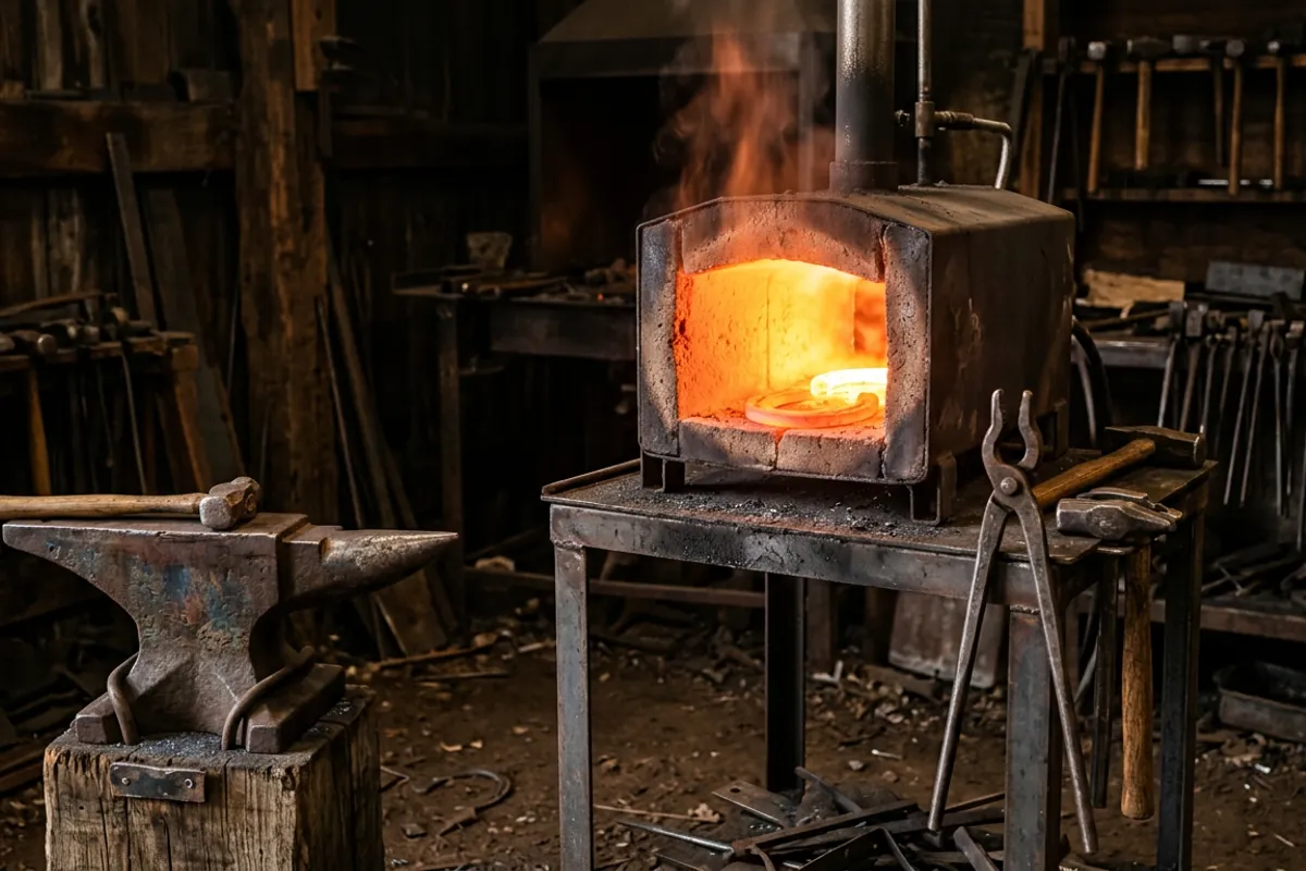 A compact farrier forge and a lighter anvil of the kind a farrier and blacksmith supply would stock in a home shop.