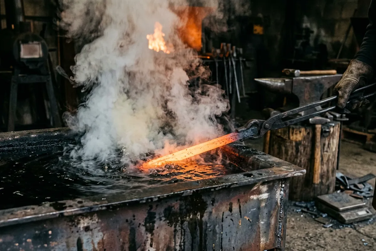 Hot steel entering a tank of Parks 50 quench oil, throwing off a curtain of vapor at the oil surface.