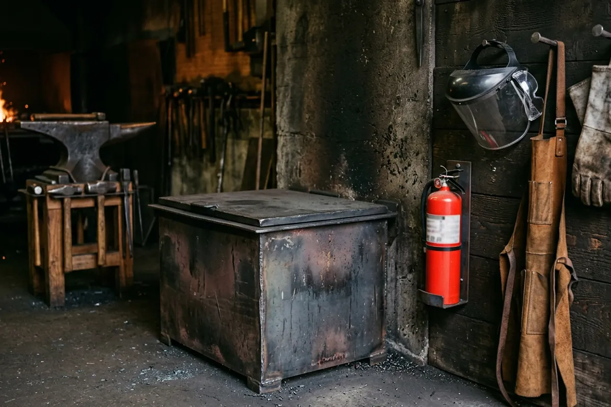 A covered Parks 50 quench oil tank beside a wall mounted extinguisher, face shield and leather apron in a home smithy.