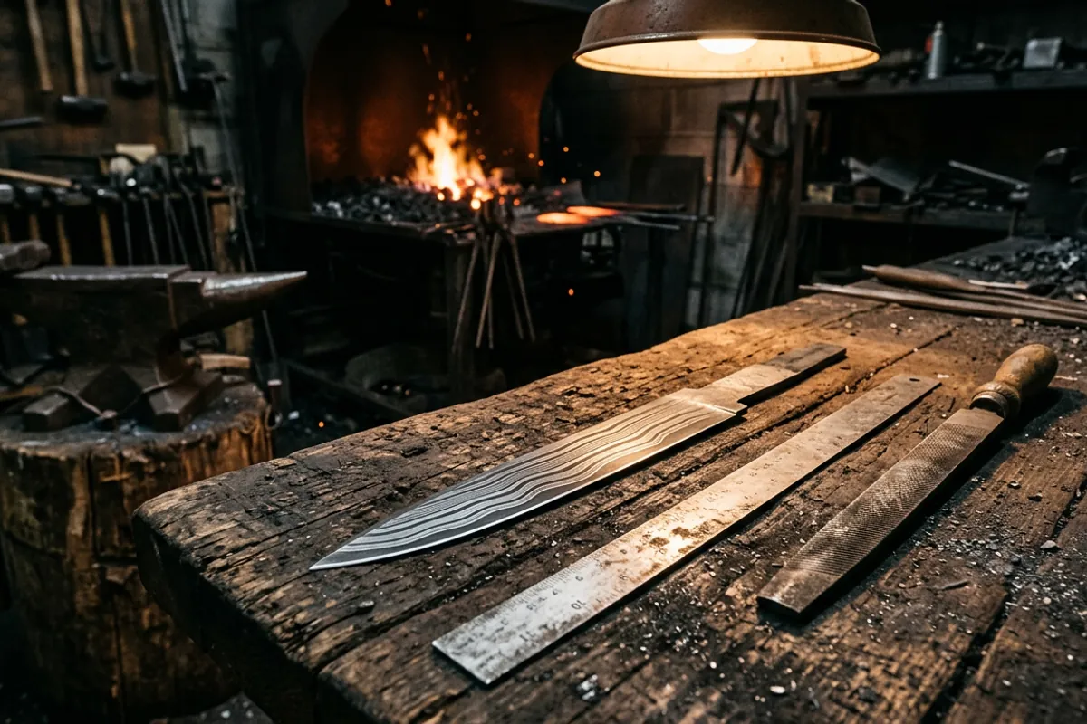 An etched pattern welded steel blade blank resting on a workbench under shop light