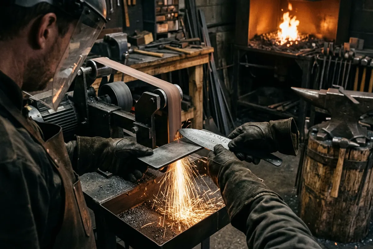 A smith in eye protection grinding a pattern welded steel blade blank at a belt grinder