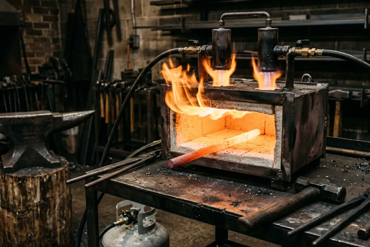 A double burner portable forge with two burners heating a bar of steel in the glowing chamber