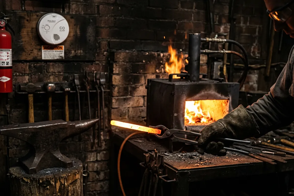 Safe practice at a portable forge with tongs on hot steel, shade eye protection, and a CO alarm nearby
