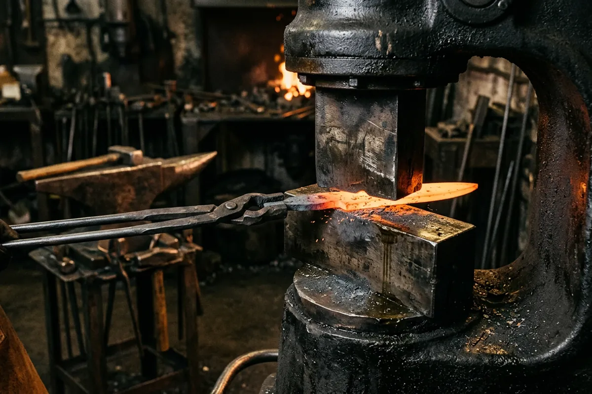 Close-up of power hammer dies with a partly forged knife blade blank between them, a power hammer for knife making at work
