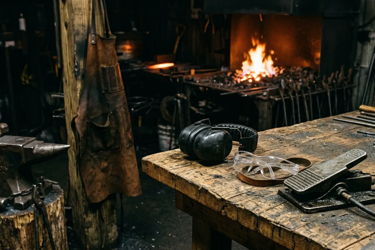 Hearing protection and safety glasses staged beside a power hammer for knife making before running the machine