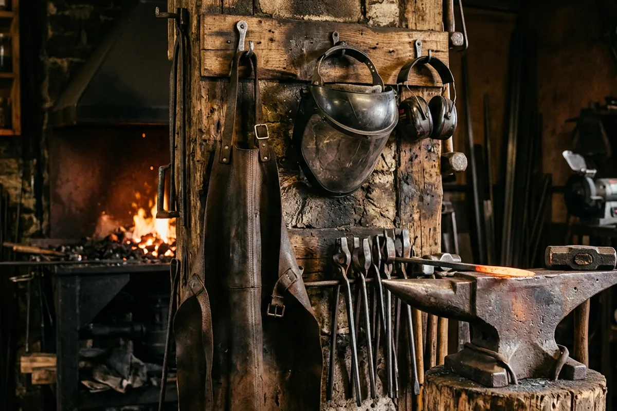 Safety gear that makes practical presents for blacksmiths hanging on a smithy wall near the forge.