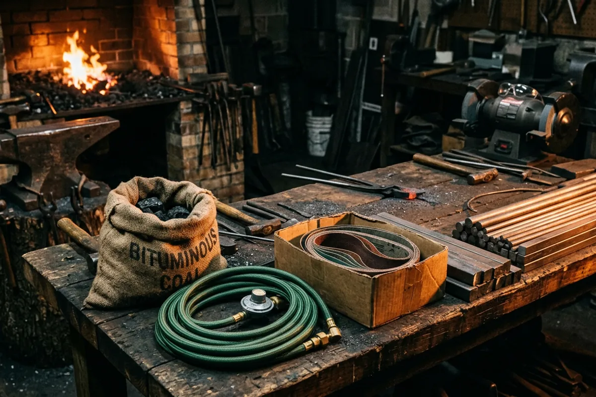 Consumable steel and fuel that make reliable presents for blacksmiths stacked on a shop workbench.