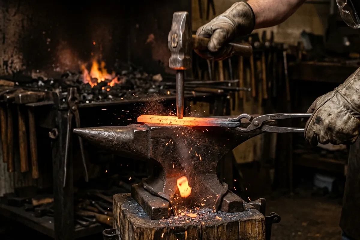 Hot bar held with tongs while a punch drives a glowing slug through the pritchel hole of an anvil