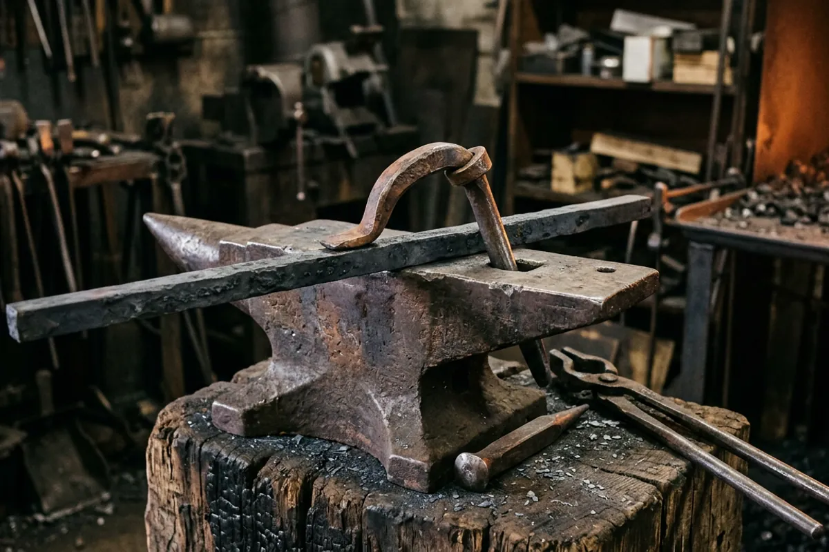A holdfast set in the pritchel hole of an anvil, its shank canted to grip a bar against the face