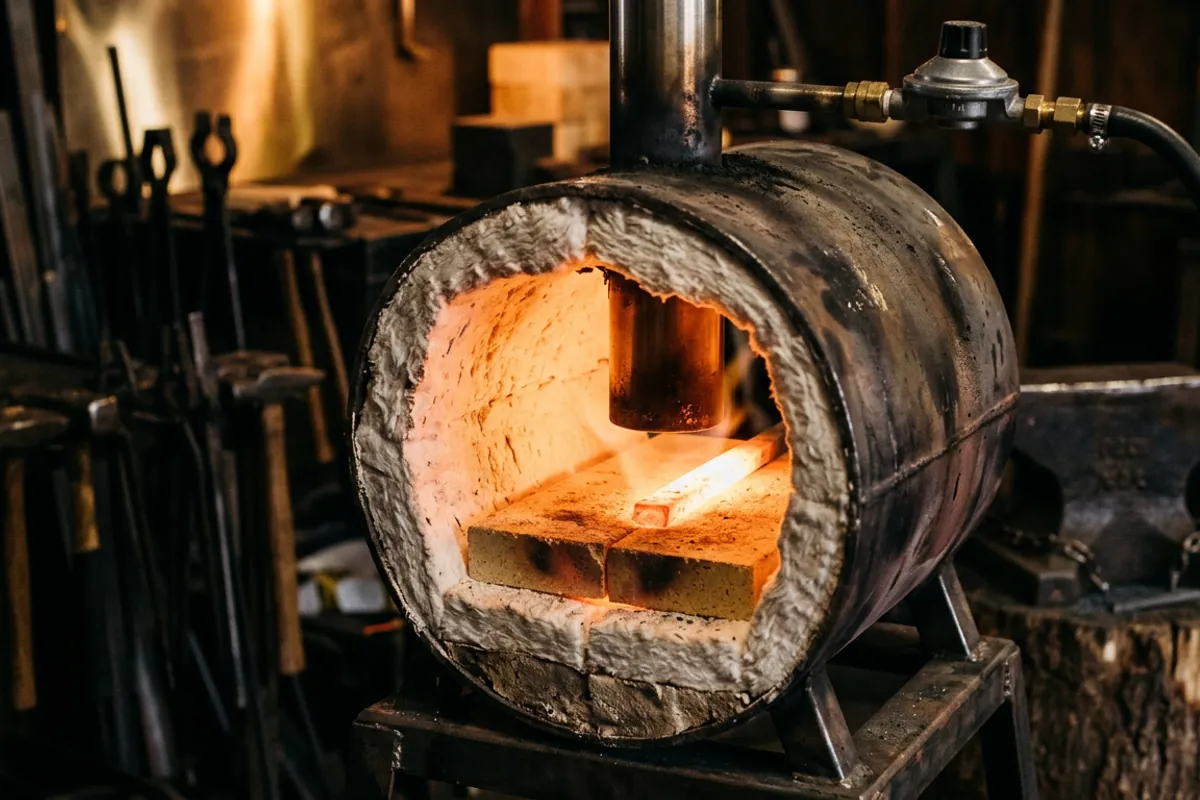 Inside a single burner propane blacksmith forge showing coated ceramic blanket lining and a firebrick floor