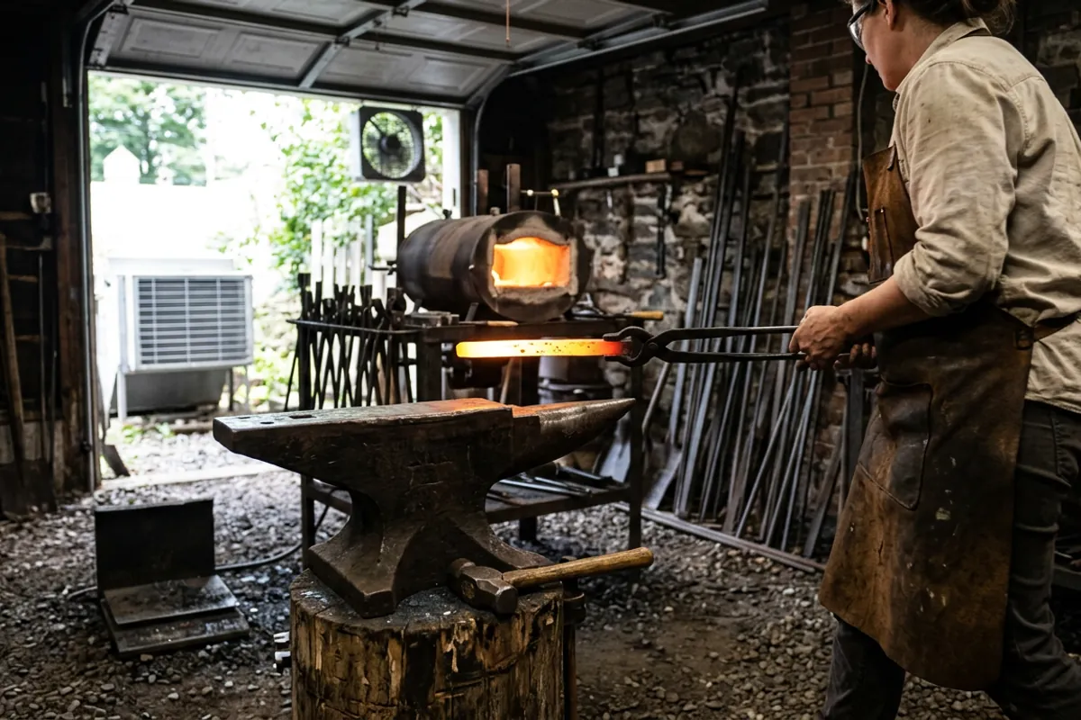A smith in safety glasses moving hot steel with tongs from a propane blacksmith forge to the anvil face
