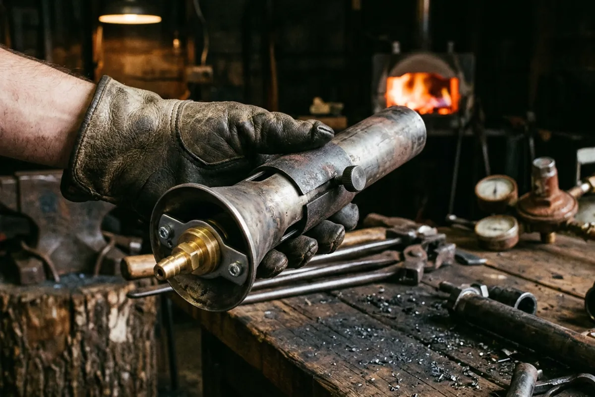A naturally aspirated propane burner for forge use showing the air choke and gas jet before lighting