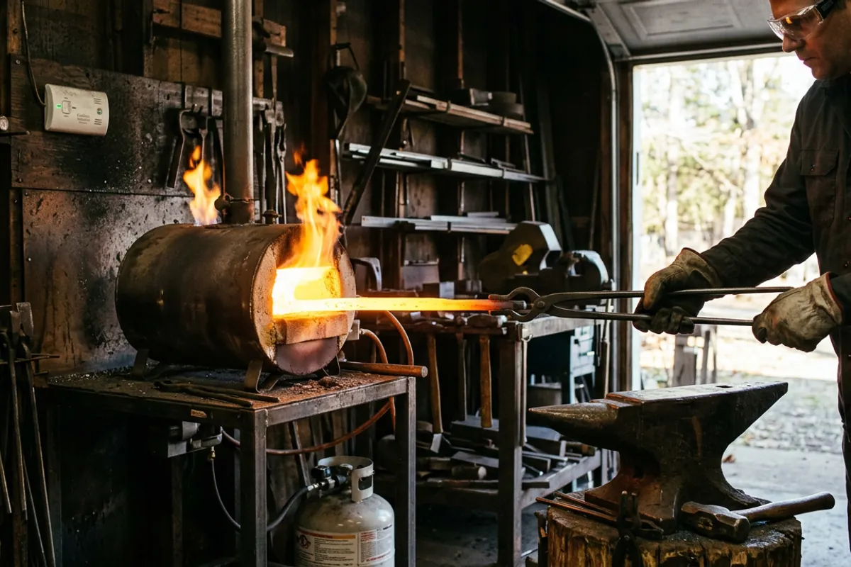A smith heating steel in a forge run by a propane burner with eye protection and ventilation